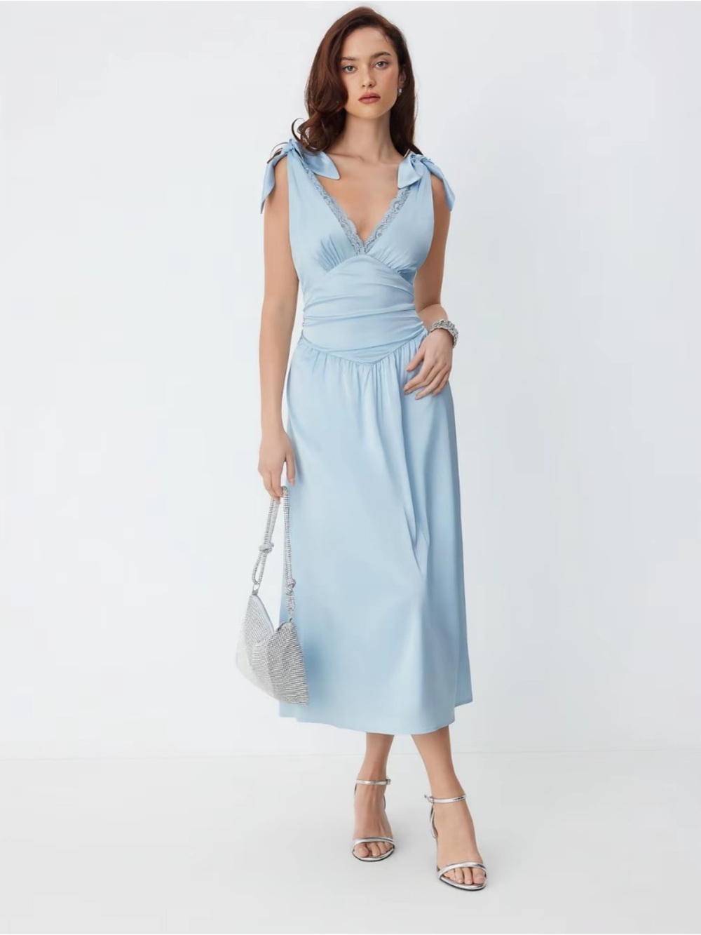 NWT Cider Satin V-neck Lace Trim Sleeveless Flared Maxi Dress Casual Blue